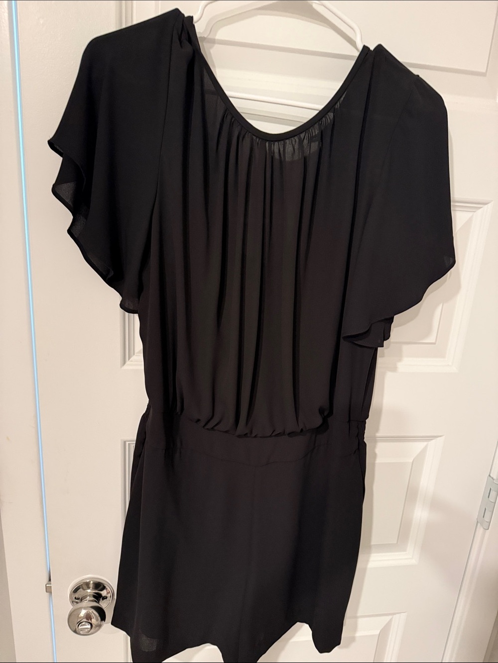 Black Flutter Sleeve Women’s Romper WHITE HOUSE BLACK MARKET 12 WHBM SHEER CUTE
